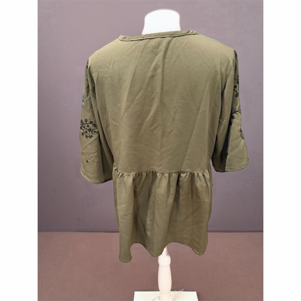 Mayra Tunic Top Womens Petite Small Olive Green Embroidered Peplum Tie - Picture 7 of 7